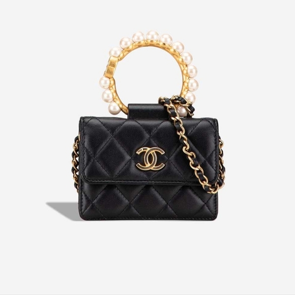 CHANEL Handbags - NWOT Chanel Mini Calf Leather Pearl Top Handle Card Holder Crossbody Bag Black